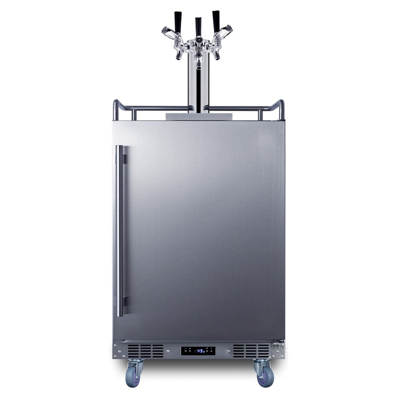 Summit BC74OSCOMTRIPLE 24-inch commercial outdoor triple tap kegerator, stainless steel door and cabinet with triple tap tower, front view