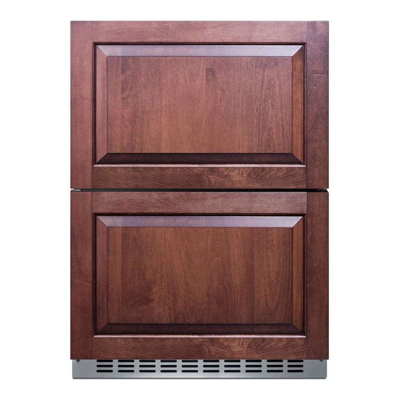 Summit 24-inch 2-drawer refrigerator with custom wood overlay panels, front view
