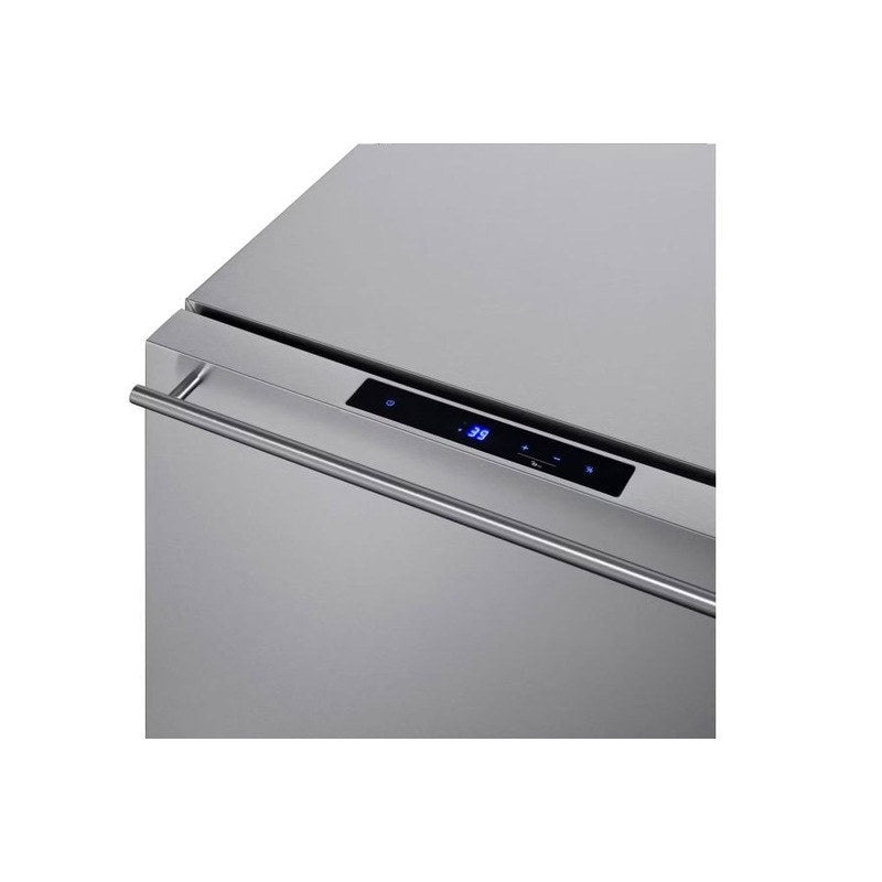 Closeup of the digital temperature display on the Summit stainless steel cabinet