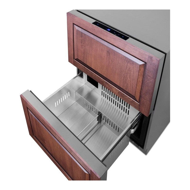 Angled view of the Summit with drawer open and chrome basket visible