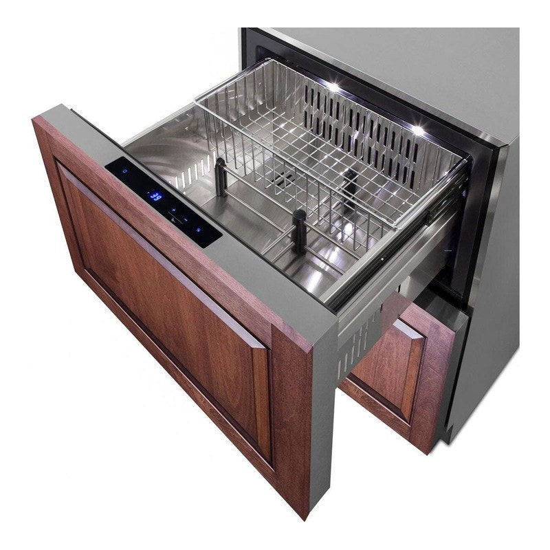 Open drawer of the Summit showing the sliding chrome storage basket