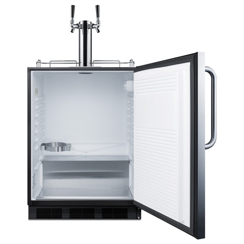 Summit SBC54OSBIADA 24-inch ADA height outdoor dual tap kegerator, door open showing empty interior