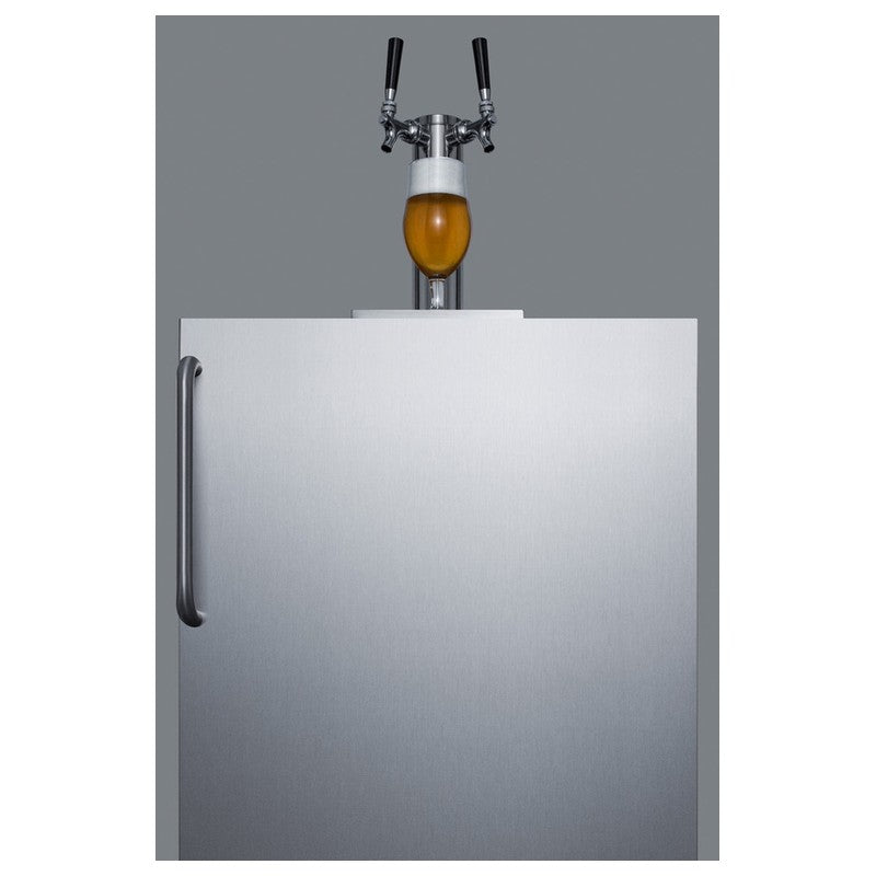 Summit SBC54OSBIADA 24-inch ADA height outdoor dual tap kegerator, twin tap tower pouring a glass of beer, closeup