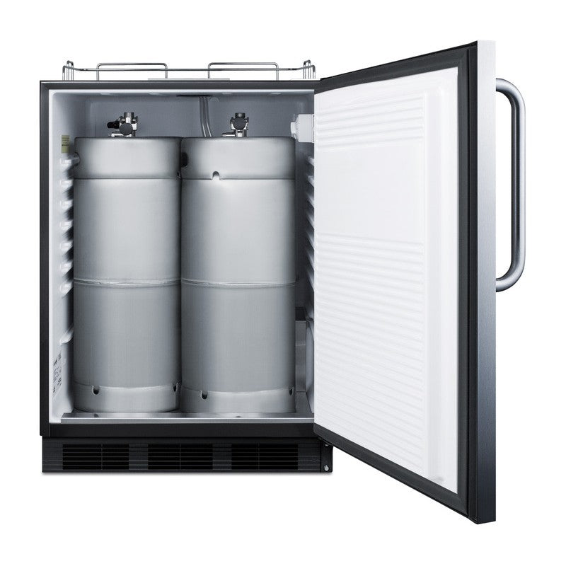 Summit SBC54OSBIADANK 24-inch ADA height outdoor kegerator, door open showing kegs inside