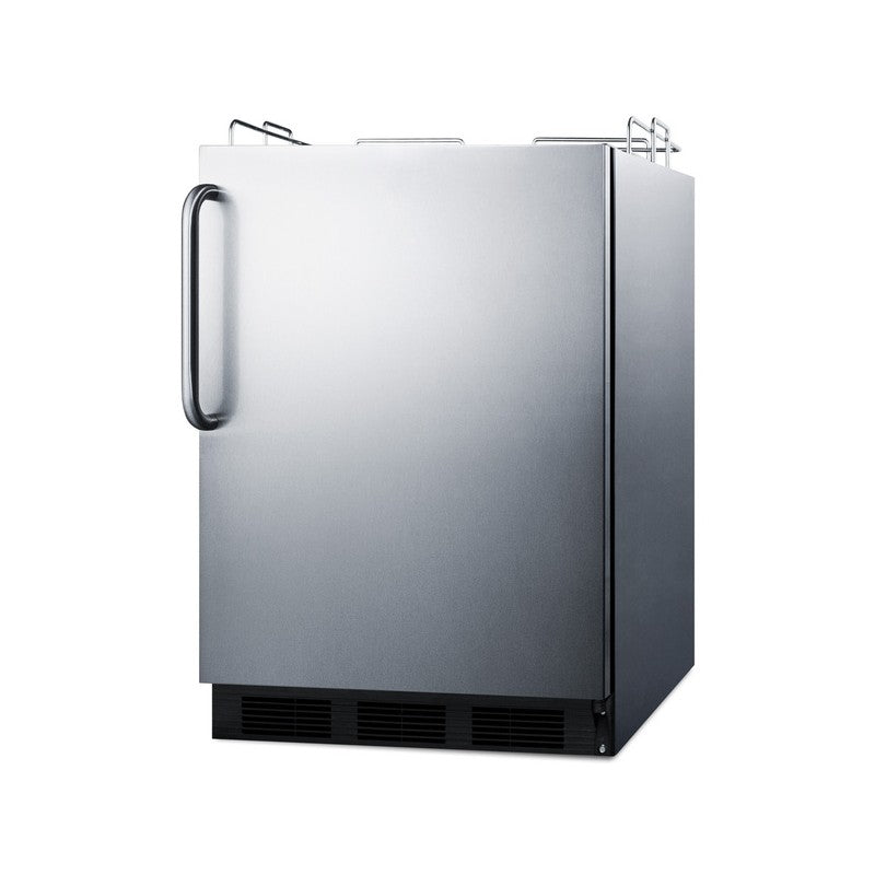 Summit SBC54OSBIADANK 24-inch ADA height outdoor kegerator, stainless steel cabinet and towel bar handle, angled view
