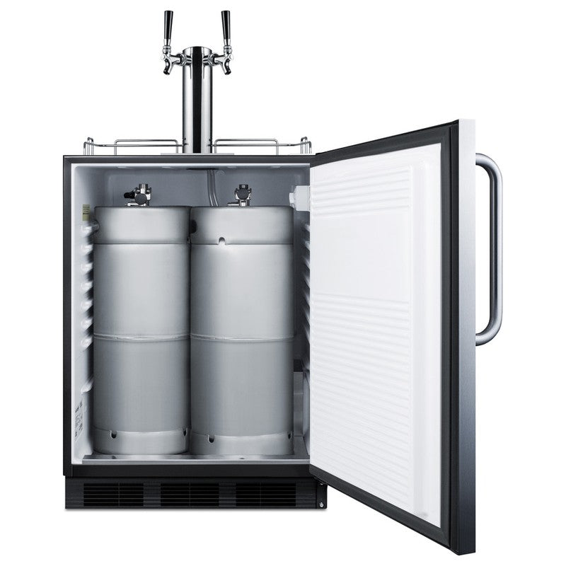 Summit SBC54OSBIADAWKDTWIN 24-inch ADA height outdoor dual tap wine dispenser, door open showing kegs tapped inside
