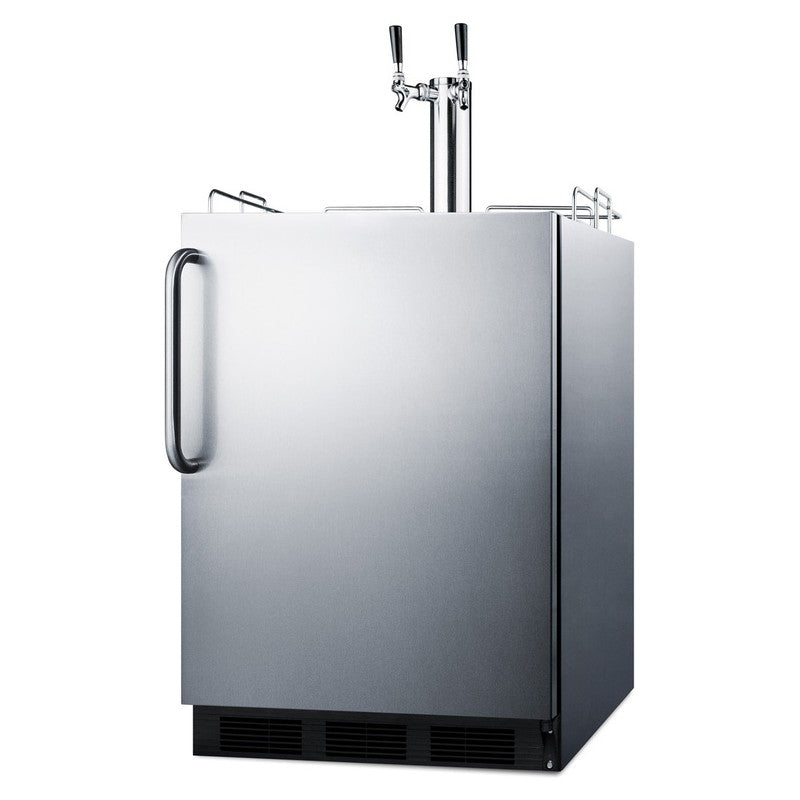 Summit SBC54OSBIADAWKDTWIN 24-inch ADA height outdoor dual tap wine dispenser, twin tap tower and towel bar handle, angled view