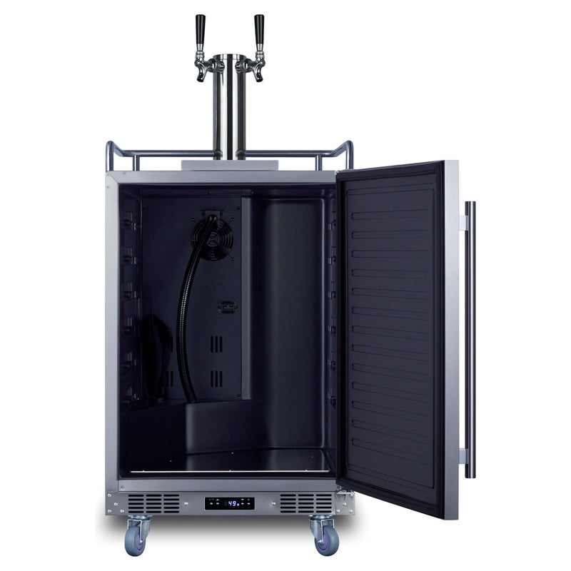 Summit SBC682CFTWIN 24-inch dual tap cold brew coffee kegerator, door open showing empty interior and tap cooling tube