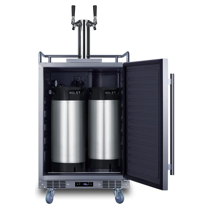 Summit SBC682CFTWIN 24-inch dual tap cold brew coffee kegerator, door open showing ball lock Cornelius kegs connected inside