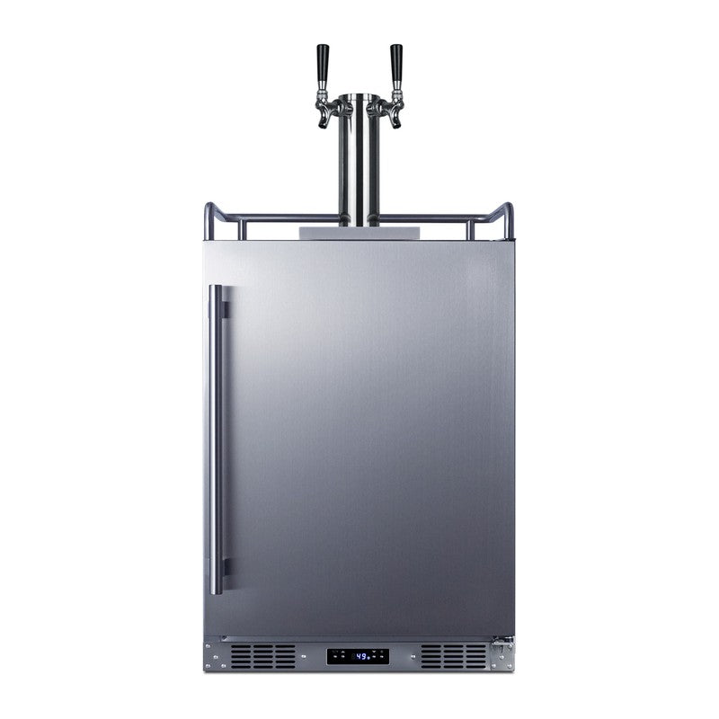 Summit SBC682CFTWIN 24-inch dual tap cold brew coffee kegerator, stainless steel door and cabinet with twin tap tower, front view