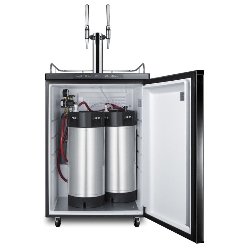 Summit SBC682CFTWIN 24-inch dual tap cold brew coffee kegerator, door open showing the cold brew tap kit and Cornelius kegs installed