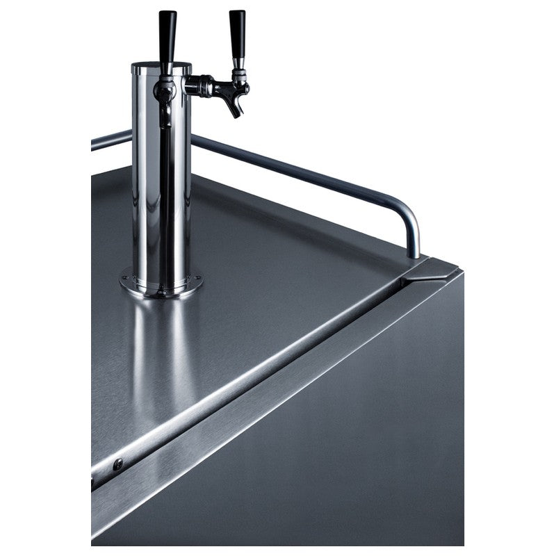 Summit SBC682CFTWIN 24-inch dual tap cold brew coffee kegerator, twin tap dispensing tower on counter closeup