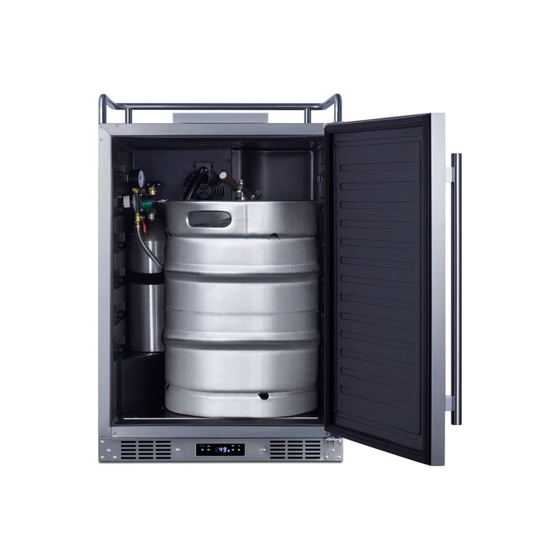 Summit SBC682NK 24-inch outdoor kegerator, door open showing a keg inside