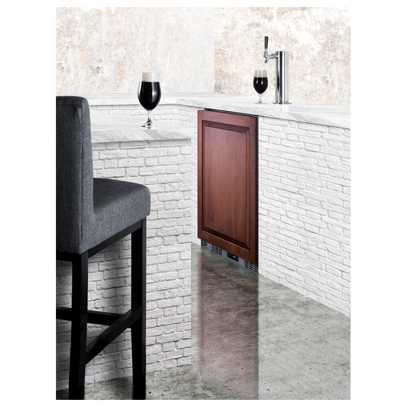 Summit SBC682PNR 24-inch indoor outdoor panel-ready single tap kegerator, built in under a bar counter with panel door, lifestyle view