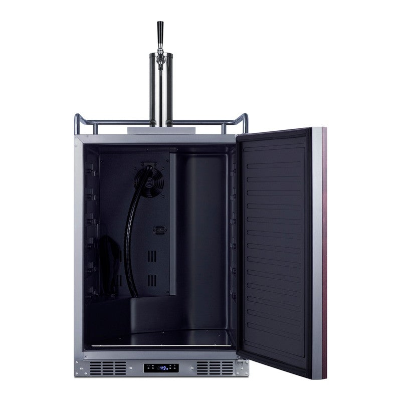 Summit SBC682PNR 24-inch indoor outdoor panel-ready single tap kegerator, door open showing empty interior and tap cooling tube