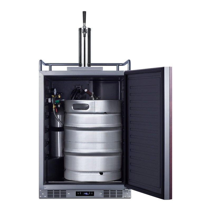 Summit SBC682PNR 24-inch indoor outdoor panel-ready single tap kegerator, door open showing a half barrel keg tapped inside