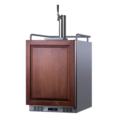 Summit SBC682PNR 24-inch indoor outdoor panel-ready single tap kegerator, shown with wood overlay panel, angled view