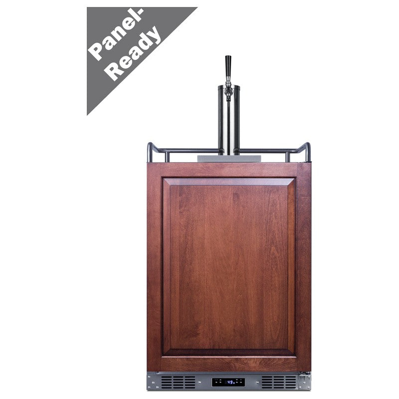 Summit SBC682PNR 24-inch indoor outdoor panel-ready single tap kegerator, panel-ready door callout, shown with customer overlay panel