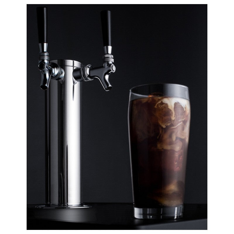 Summit SBC682PNRCFTWIN 24-inch panel-ready dual tap cold brew coffee kegerator, dispensing tower beside a glass of iced cold brew coffee, detail view