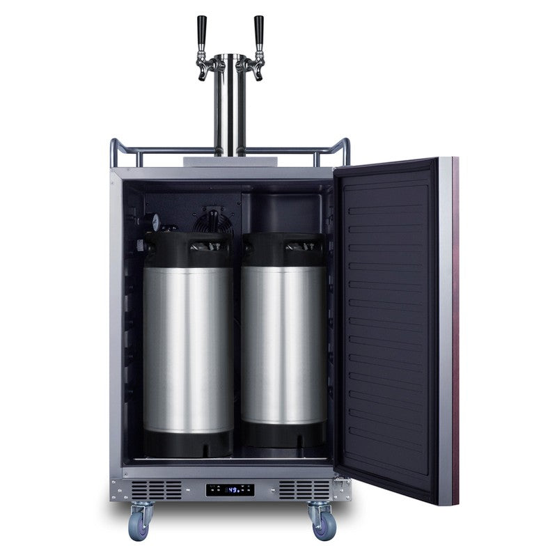Summit SBC682PNRCFTWIN 24-inch panel-ready dual tap cold brew coffee kegerator, door open showing ball lock Cornelius kegs connected inside