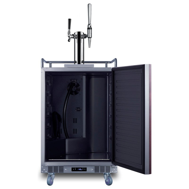 Summit SBC682PNRCMTWIN 24-inch panel-ready nitro cold brew coffee kegerator, door open showing empty interior and tap cooling tube