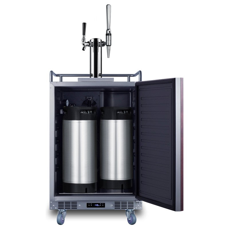 Summit SBC682PNRCMTWIN 24-inch panel-ready nitro cold brew coffee kegerator, door open showing ball lock Cornelius kegs connected inside