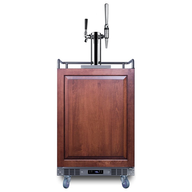 Summit SBC682PNRCMTWIN 24-inch panel-ready nitro cold brew coffee kegerator, panel-ready door shown with customer-supplied wood overlay panel, twin tap tower, front view