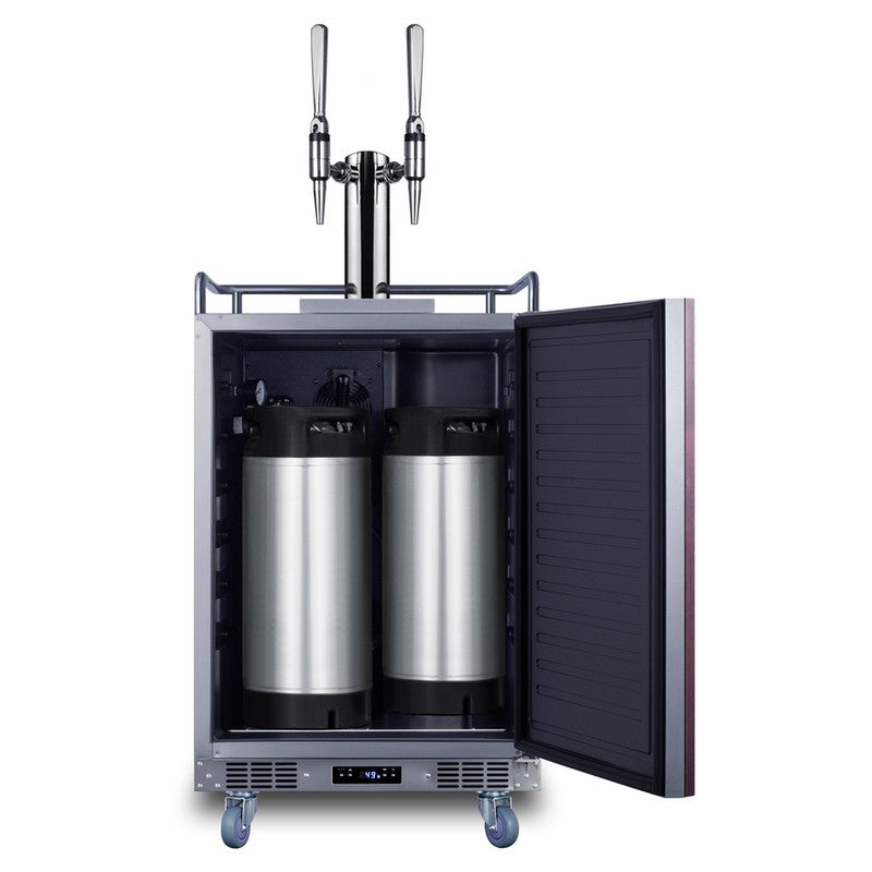 Summit SBC682PNRNCFTWIN 24-inch panel-ready dual tap nitro cold brew coffee kegerator, door open showing ball lock Cornelius kegs connected inside