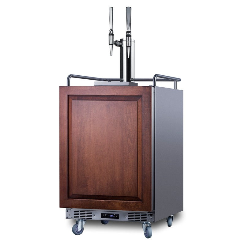 Summit SBC682PNRNCFTWIN 24-inch panel-ready dual tap nitro cold brew coffee kegerator, shown with wood overlay panel, angled view