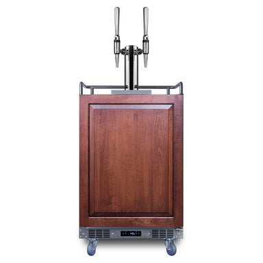 Summit SBC682PNRNCFTWIN 24-inch panel-ready dual tap nitro cold brew coffee kegerator, panel-ready door shown with wood overlay panel and twin nitro tap tower, front view