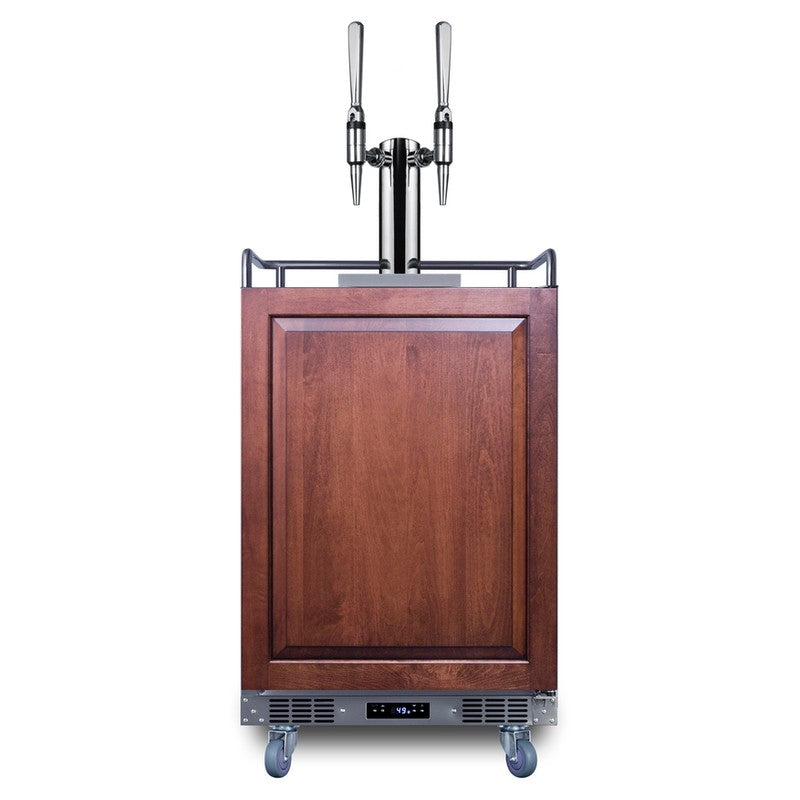 Summit SBC682PNRNCFTWIN 24-inch panel-ready dual tap nitro cold brew coffee kegerator, panel-ready door shown with wood overlay panel and twin nitro tap tower, front view
