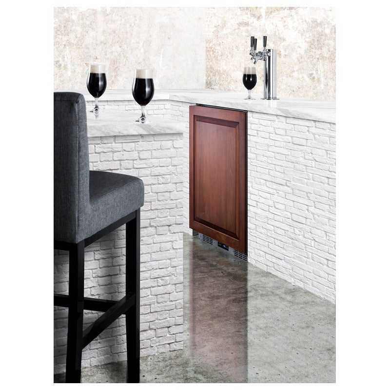 Summit SBC682PNRTRIPLE 24-inch indoor outdoor panel-ready triple tap kegerator, built in under a bar counter with panel door, lifestyle view