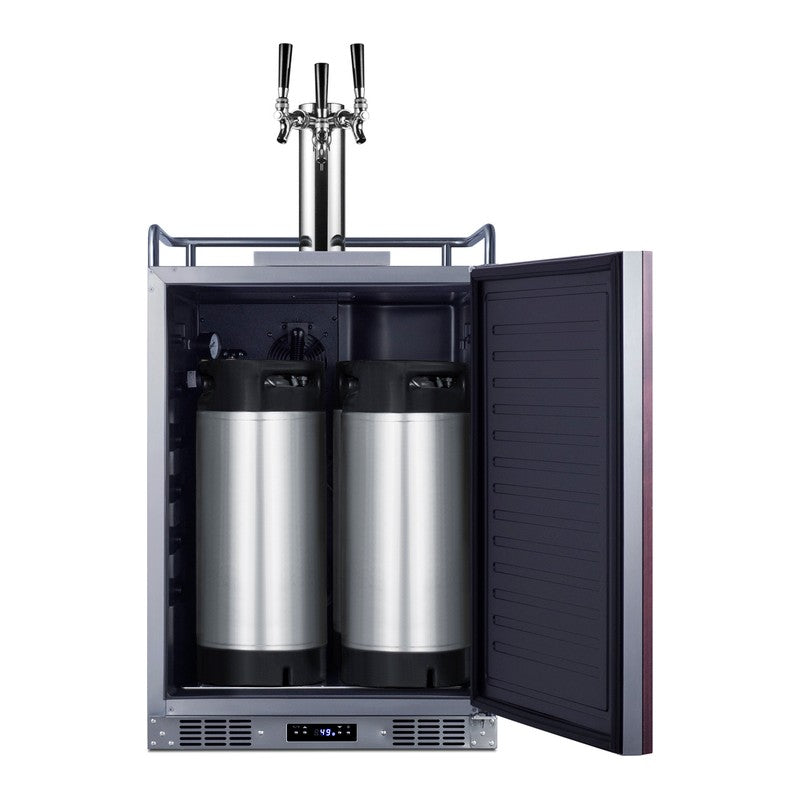 Summit SBC682PNRTRIPLE 24-inch indoor outdoor panel-ready triple tap kegerator, door open showing sixtel kegs tapped inside