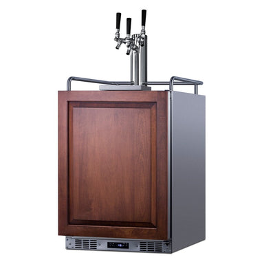 Summit SBC682PNRTRIPLE 24-inch indoor outdoor panel-ready triple tap kegerator, shown with wood overlay panel, angled view