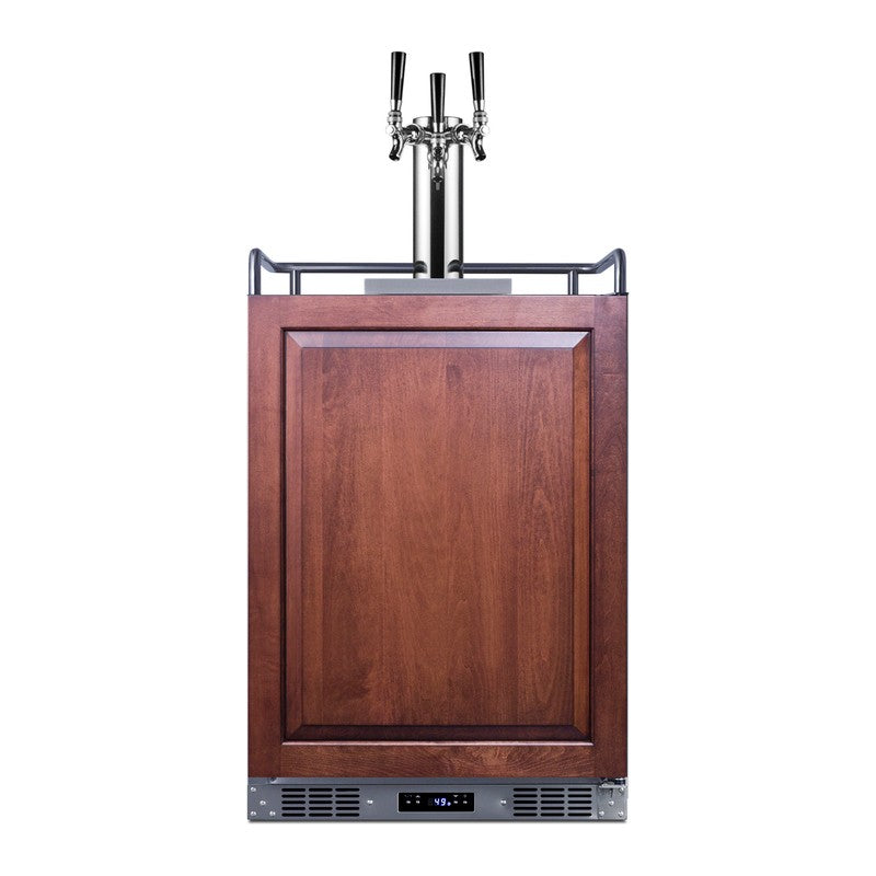 Summit SBC682PNRTRIPLE 24-inch indoor outdoor panel-ready triple tap kegerator, panel-ready door shown with customer-supplied wood overlay panel, triple tap tower, front view