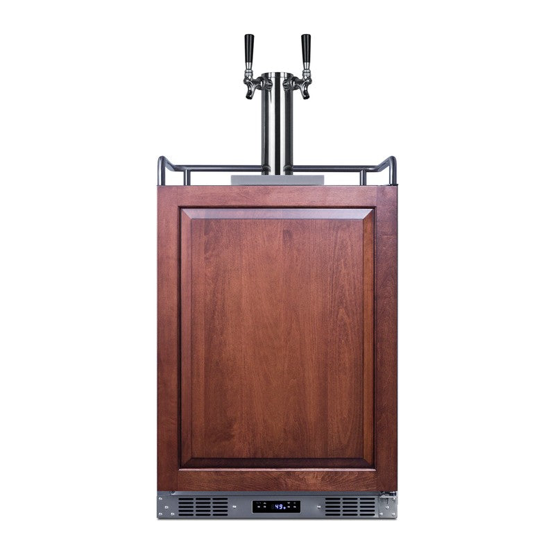 Summit SBC682PNRTWIN 24-inch panel-ready dual tap kegerator, panel-ready door shown with wood overlay panel and twin tap tower, front view