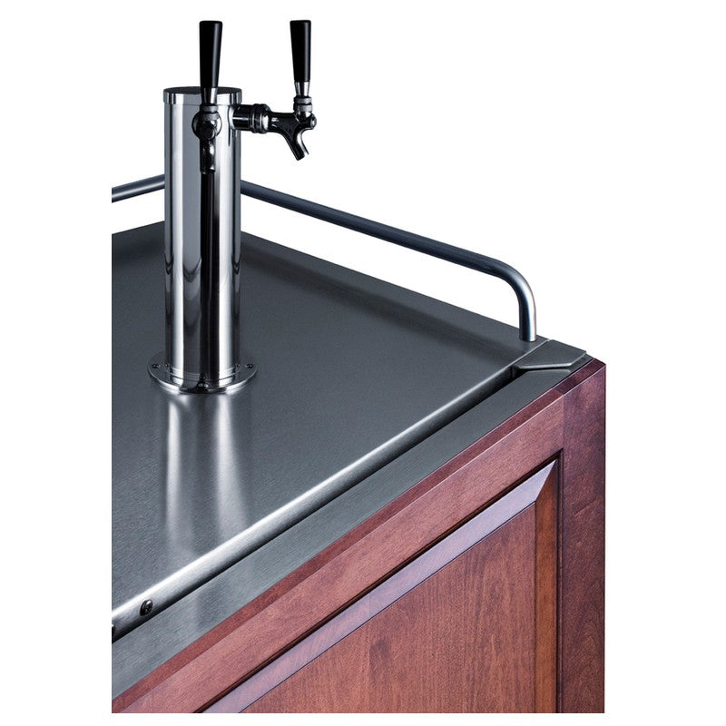 Summit SBC682PNRTWIN 24-inch panel-ready dual tap kegerator, twin tap dispensing tower on counter closeup