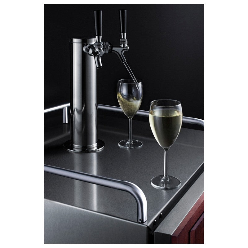 Summit SBC682PNRWKDTWIN 24-inch panel-ready dual tap wine dispenser, twin tower pouring beside glasses of wine, detail view