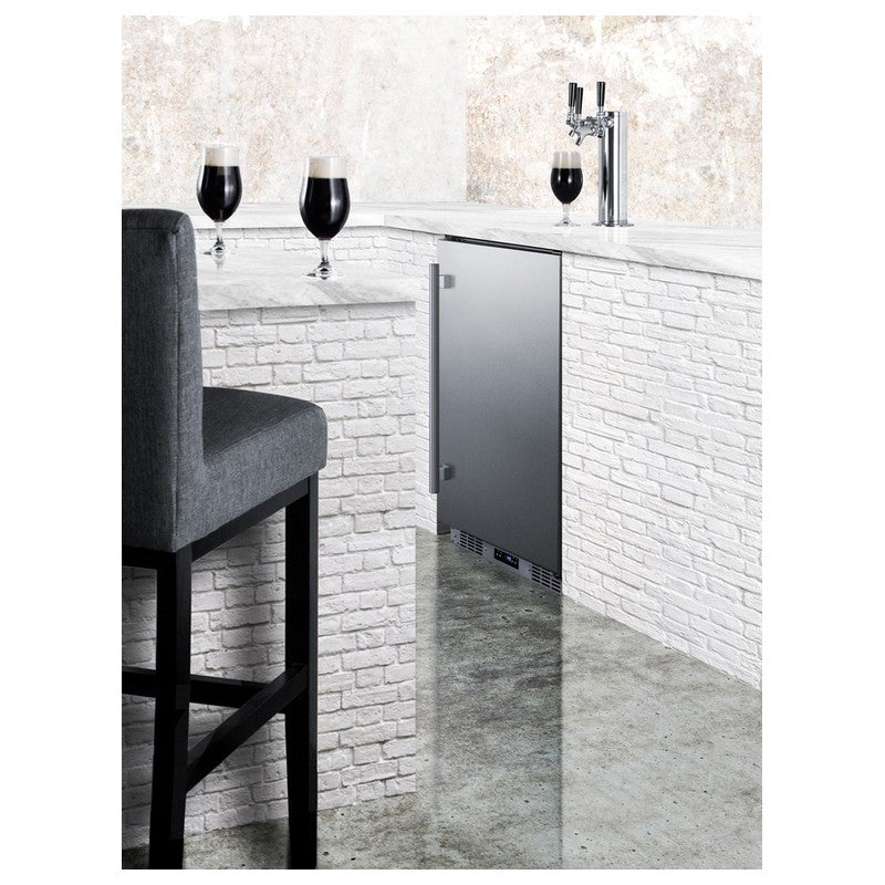 Summit SBC683OSTRIPLE 24-inch outdoor triple tap kegerator, built in under an outdoor bar counter, lifestyle view