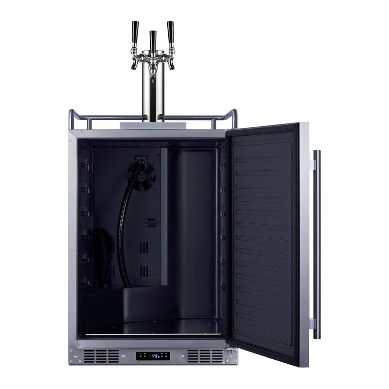 Summit SBC683OSTRIPLE 24-inch outdoor triple tap kegerator, door open showing empty interior and tap cooling tube