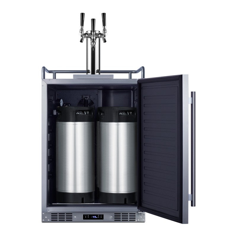 Summit SBC683OSTRIPLE 24-inch outdoor triple tap kegerator, door open showing sixtel kegs tapped inside