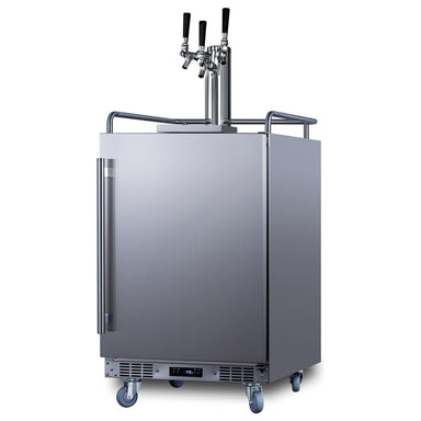 Summit SBC683OSTRIPLE 24-inch outdoor triple tap kegerator, stainless cabinet with guardrail and casters, angled view