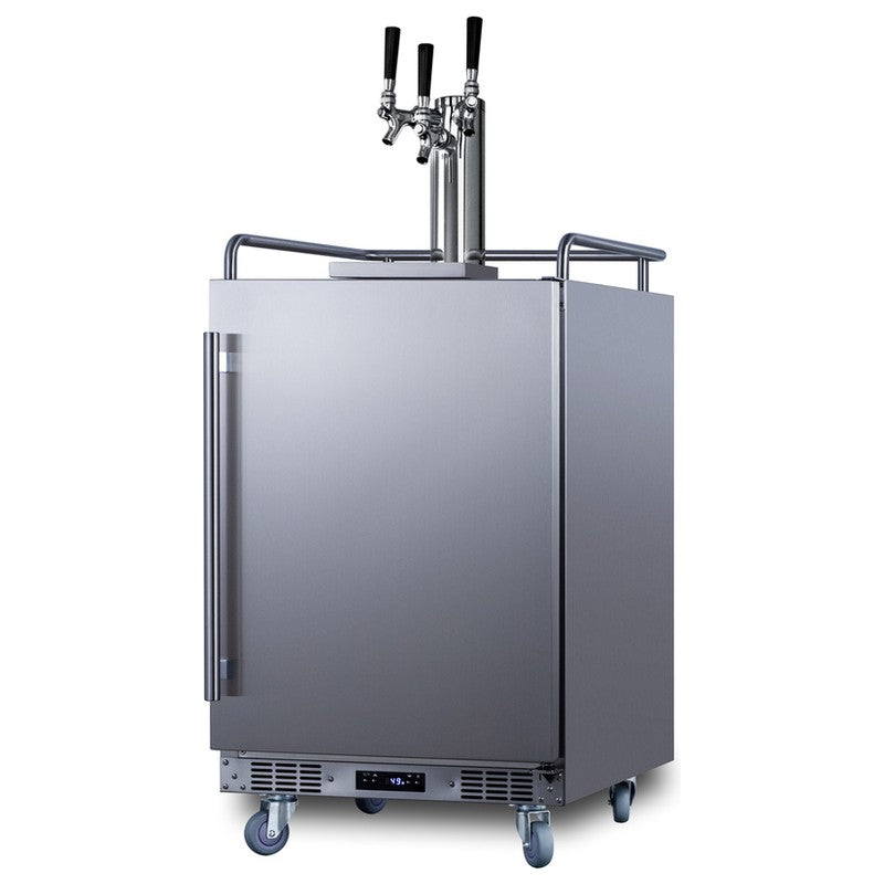 Summit SBC683OSTRIPLE 24-inch outdoor triple tap kegerator, stainless cabinet with guardrail and casters, angled view