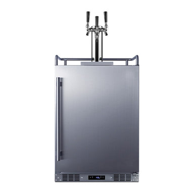 Summit SBC683OSTRIPLE 24-inch outdoor triple tap kegerator, stainless steel door and cabinet with triple tap tower, front view