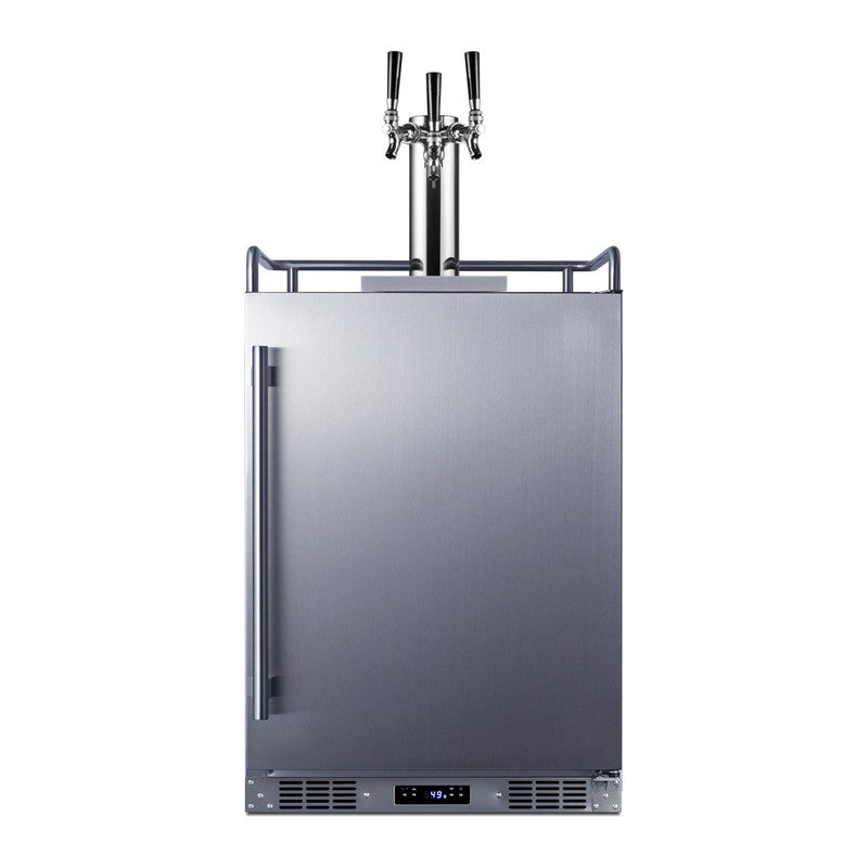 Summit SBC683OSTRIPLE 24-inch outdoor triple tap kegerator, stainless steel door and cabinet with triple tap tower, front view