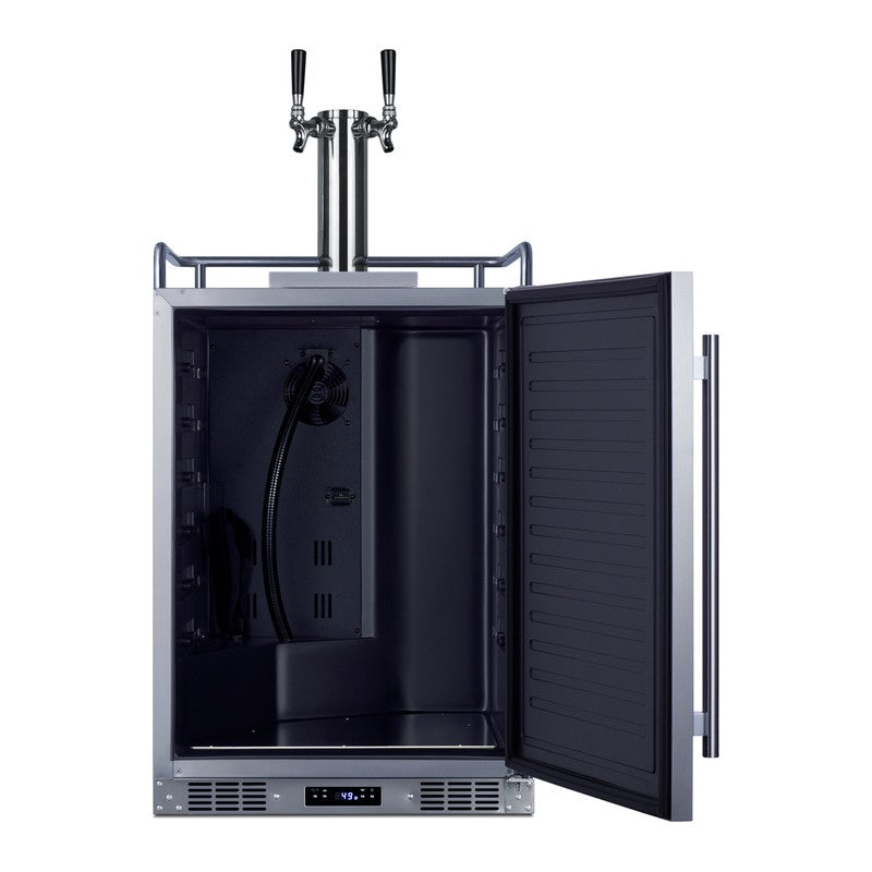 Summit SBC683OSTWIN 24-inch outdoor dual tap kegerator, door open showing empty interior and tap cooling tube