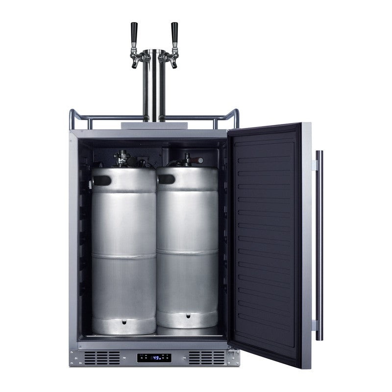 Summit SBC683OSTWIN 24-inch outdoor dual tap kegerator, door open showing two 1/6 barrel kegs tapped inside