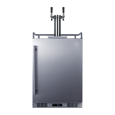 Summit SBC683OSTWIN 24-inch outdoor dual tap kegerator, stainless steel door and cabinet with dual tap tower, front view