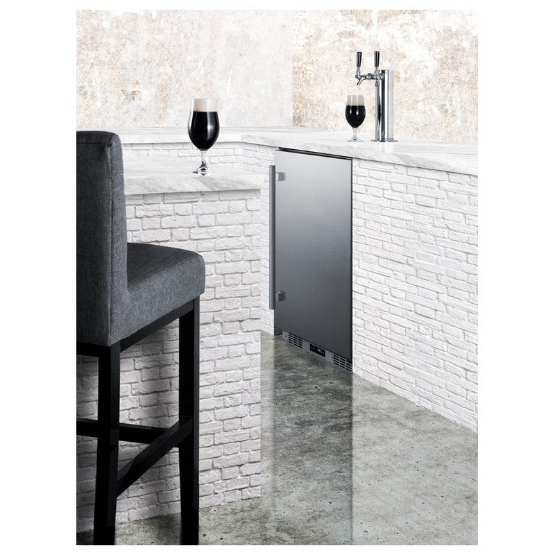 Summit SBC683OSTWINBW 24-inch outdoor dual tap beer and wine kegerator, built in under an outdoor bar counter, lifestyle view