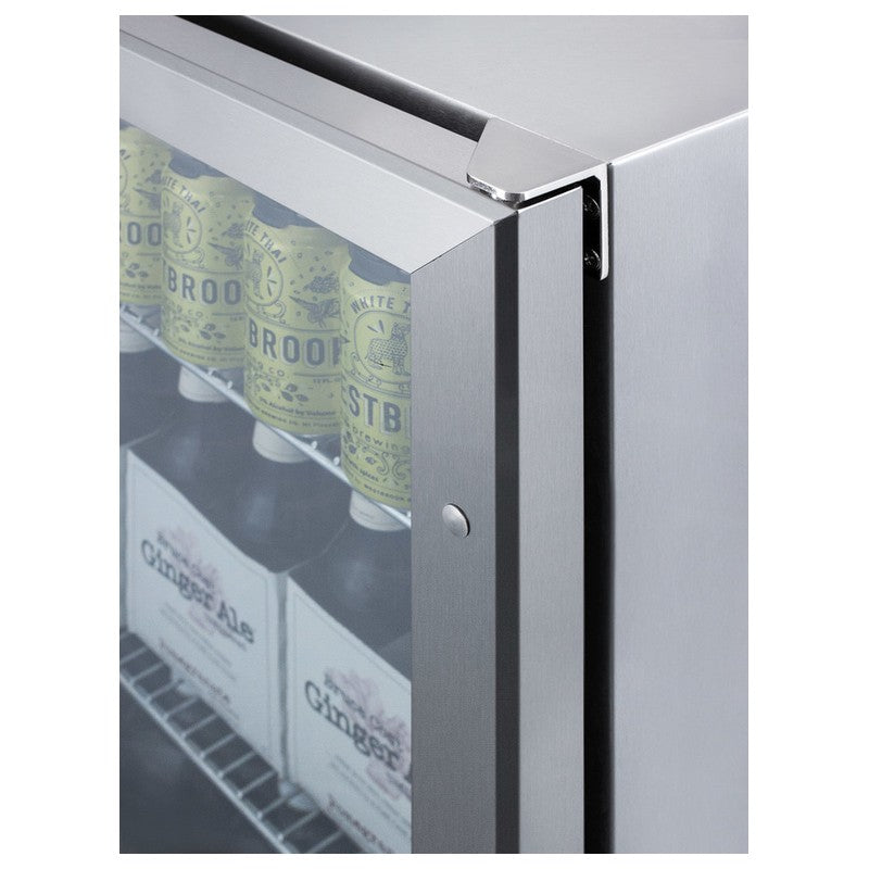 Summit SCR611GLOS 24-inch outdoor commercial glass-door beverage center, stainless steel door trim and handle closeup